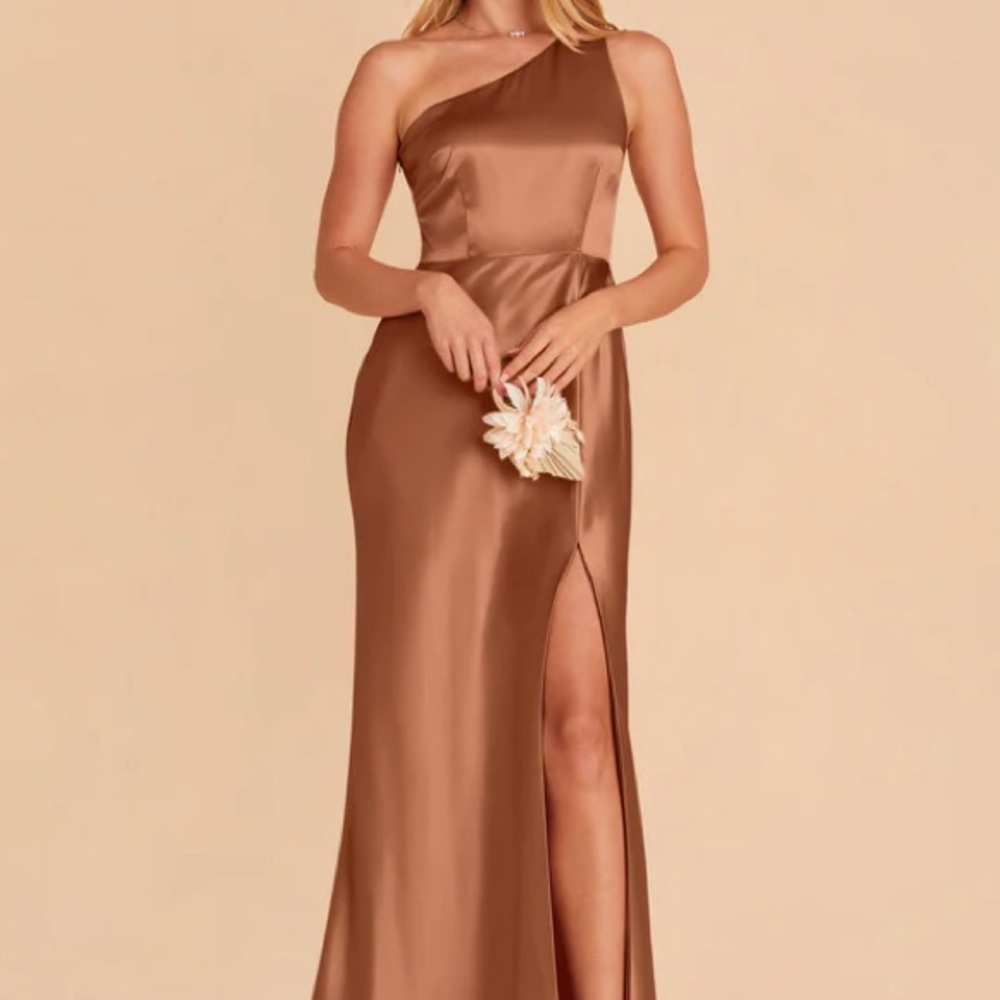 Kira Dress - Elegant One-Shoulder Rust Dress - Shiny Satin by Birdy Grey